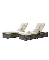 Outdoor chaise lounge set (2) with storage, adjustable backrests, table