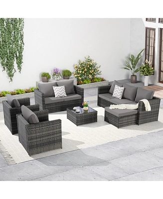 6-Piece Outdoor Wicker Patio Conversation Set w/ Cushions & Glass Table