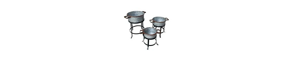 3-Piece Galvanized Metal Planter Set – Round Tub Design with Iron Stands