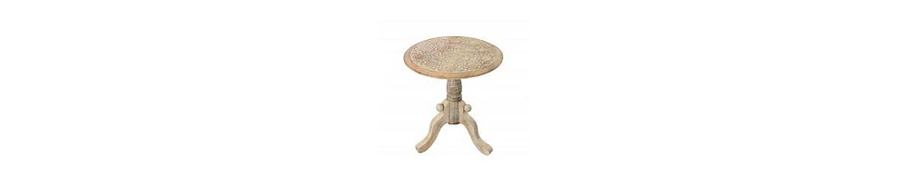Round Top Side Table – Mango Wood with Intricate Carved Design & Pedestal Base