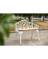 Tulip Patio Bench, Metal, Cast Aluminum, Floral Rose, Cushion