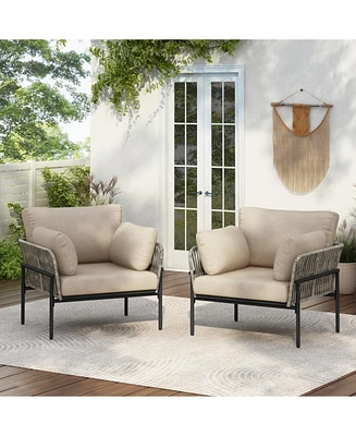 Set of 2 Beige Iron Lounge Chairs w/ Cushions, Indoor/Outdoor