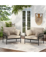 Set of 2 Beige Iron Lounge Chairs w/ Cushions, Indoor/Outdoor