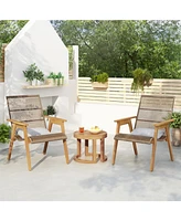 Acacia lounge set, 2 wicker chairs, table, Teak finish, grey cushions