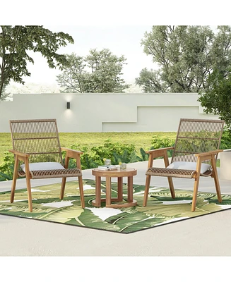 Acacia lounge set, 2 wicker chairs, table, Teak finish, grey cushions