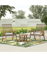 Acacia lounge set, 2 wicker chairs, table, Teak finish, grey cushions