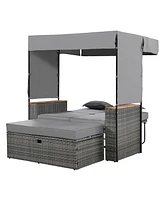 2-Piece Outdoor Rattan Daybed, Loveseat Sofa with Bench, Lounge Roof, Cushions (Grey)