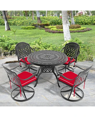 5-pc Cast Aluminum Dining Set, 4 Swivel Chairs, 39" Round Table, Black Frame