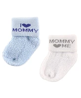 Luvable Friends Baby Boys Grow with Me Cotton Terry Socks, Blue Mom, 0-6 and 6-12 Months