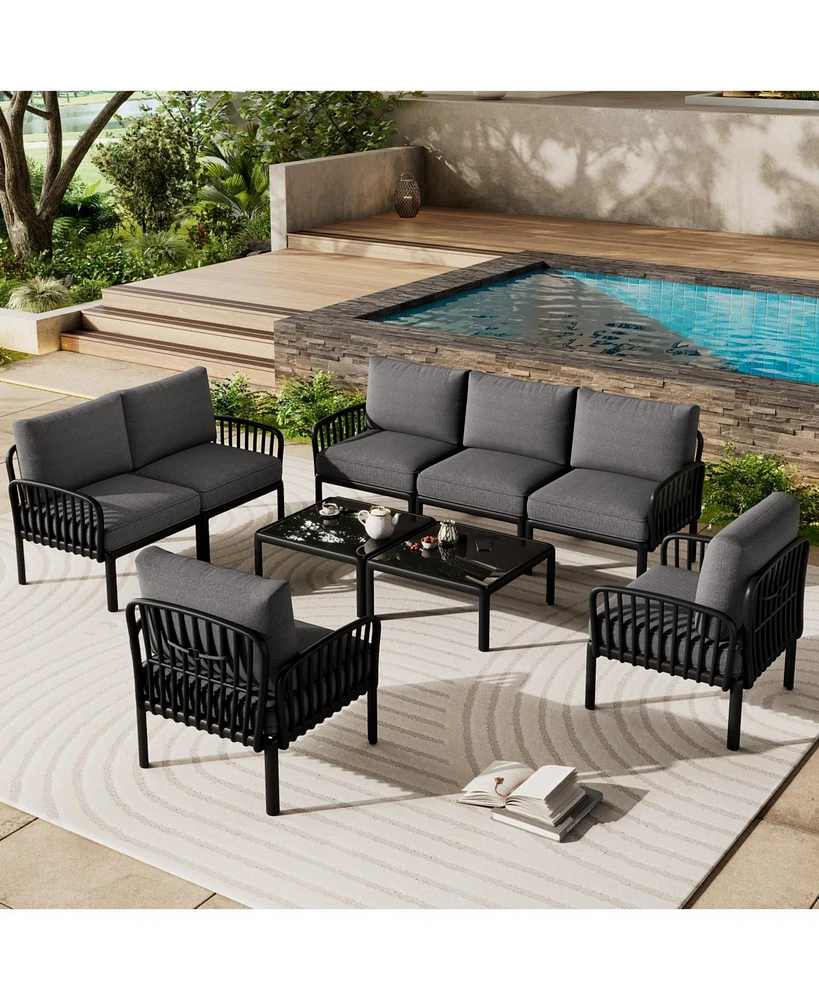 9pc Patio Set, Modern sectional with 2 tables, waterproof cushions, black & gray