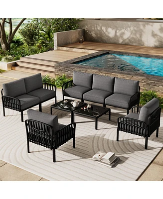 9pc Patio Set, Modern sectional with 2 tables, waterproof cushions, black & gray