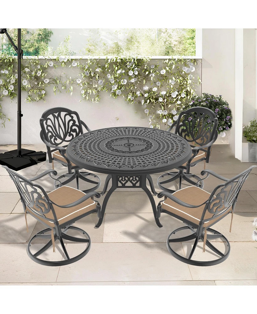 5-Pc Cast Aluminum Dining Set, 4 Swivel Chairs, 47" Round Table