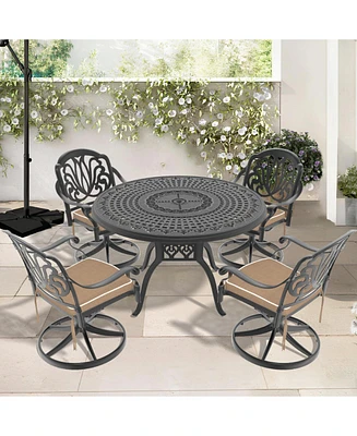 5-Pc Cast Aluminum Dining Set, 4 Swivel Chairs, 47" Round Table