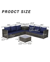 6-Piece Woven Patio Set, L-Shaped Sectional, Corner & Glass Tables