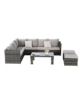 6pc Outdoor Patio Set, Wicker Sofa, Glass Table, Cushions & Pillows