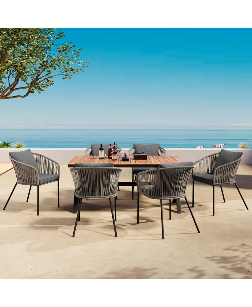 7pc Patio Dining Set, Acacia tabletop, metal frame, all-weather, for garden/balcony