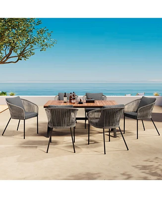 7pc Patio Dining Set, Acacia tabletop, metal frame, all-weather, for garden/balcony