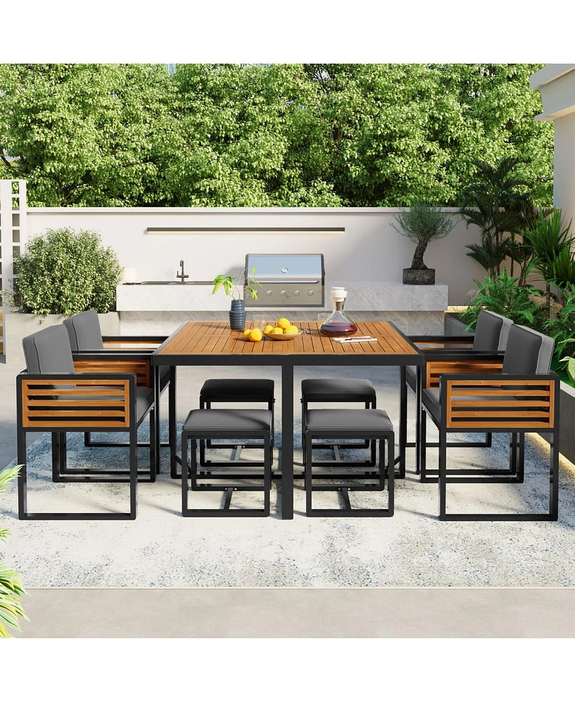 9-pc Acacia Patio Dining Set, Table, 4 Chairs, 4 Ottomans, Cushions, Gray