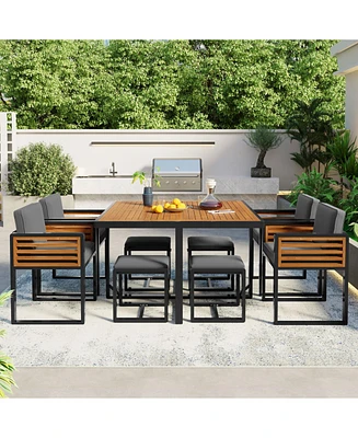 9-pc Acacia Patio Dining Set, Table, 4 Chairs, 4 Ottomans, Cushions, Gray