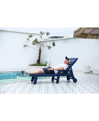 Outdoor lounge chair, 5-position, Hdpe, wheels, cupholder, navy