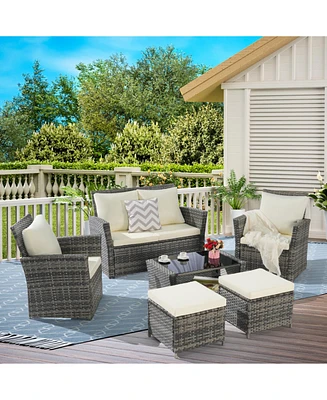 6 Piece Wicker Patio Furniture Sets with Ottoman & Tempered Glass Coffee Table