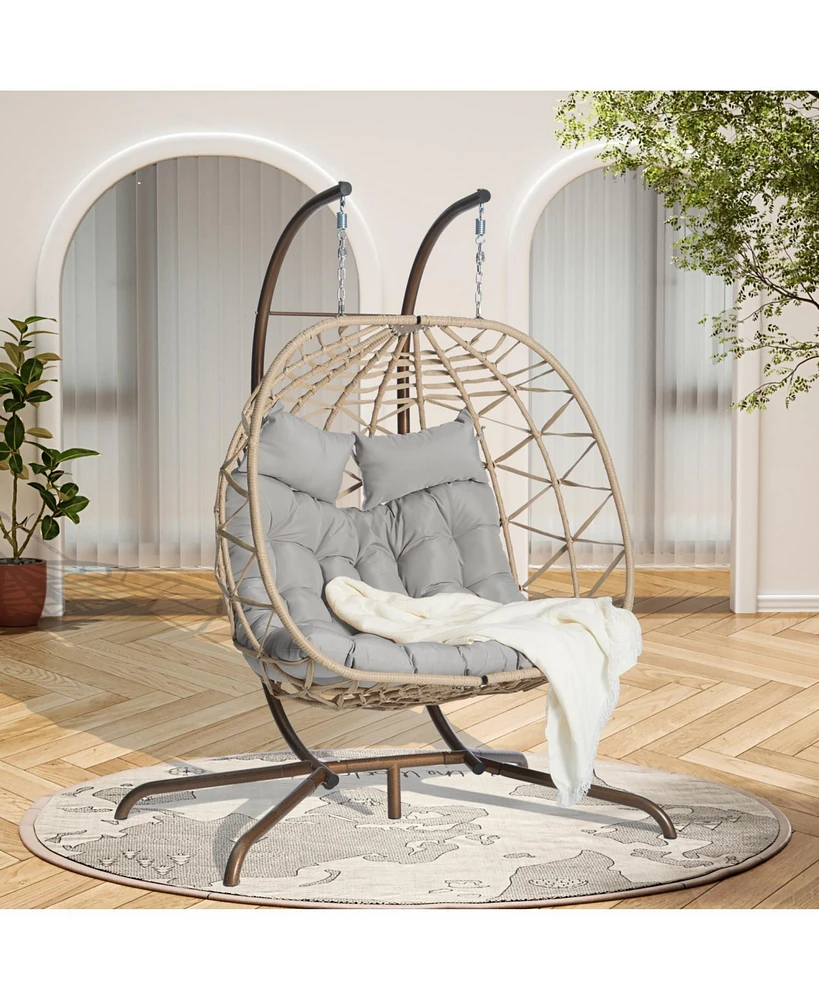 Double Egg Chair, Indoor/Outdoor Wicker Swing, Uv Cushions, 600 lbs