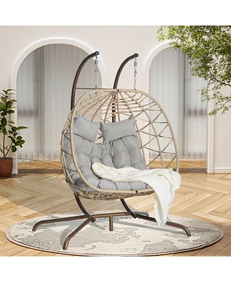 Double Egg Chair, Indoor/Outdoor Wicker Swing, Uv Cushions, 600 lbs