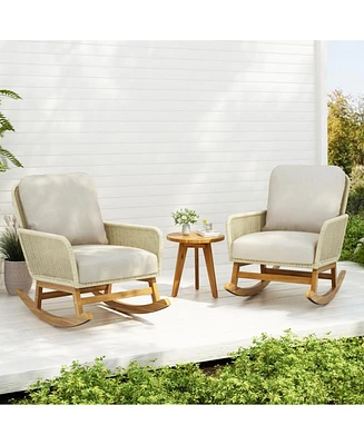Modern 3-piece outdoor rocking set, Ivory cushions, wood table, Ideal for patios