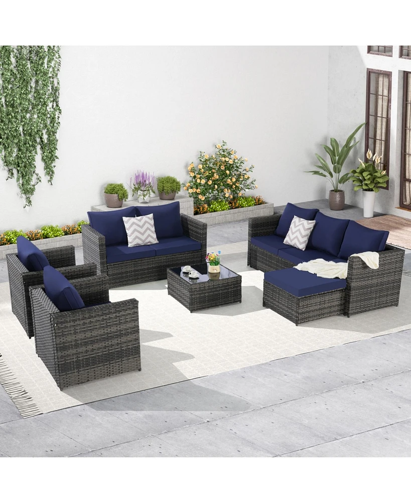 6-Piece Outdoor Wicker Patio Conversation Set w/ Cushions & Glass Table