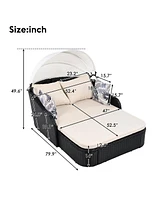 79,9" Outdoor Sunbed, Adjustable Canopy, Double Lounge, Black Wicker