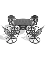 5-pc Cast Aluminum Dining Set, 4 Swivel Chairs, 39" Round Table, Black Frame