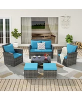 6 Piece Wicker Patio Furniture Sets with Ottoman & Tempered Glass Coffee Table