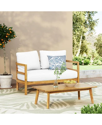 Acacia Loveseat & Table Set, Light Teak/White Cushions