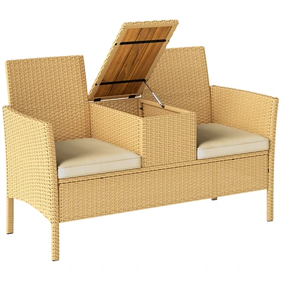 Outsunny Rat Patio Loveseat Wicker Sofa with Built-in Table