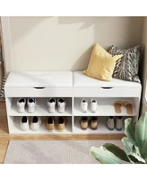 Wooden and white shoe cabinet with 2 seats, versatile and beautiful rack with six cabinets
