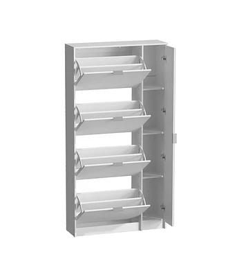 4-tier chest of drawers with metal handles and a side cabinet, white wooden shoe rack with adjustable partitions, mirrored doors