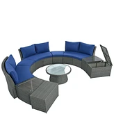 10-Pc Half-Round Rattan Patio Sofa Set, Free Combo, Blue