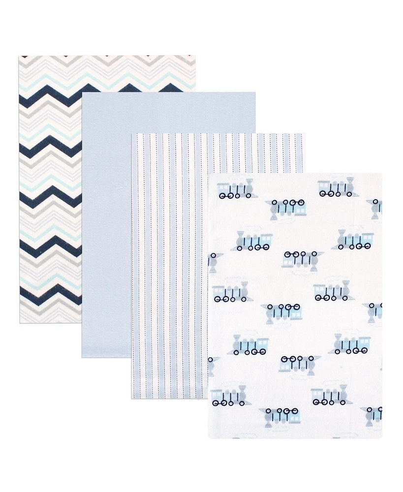 Luvable Friends Baby Boy Cotton Flannel Receiving Blankets, Train 4-Pack, One Size