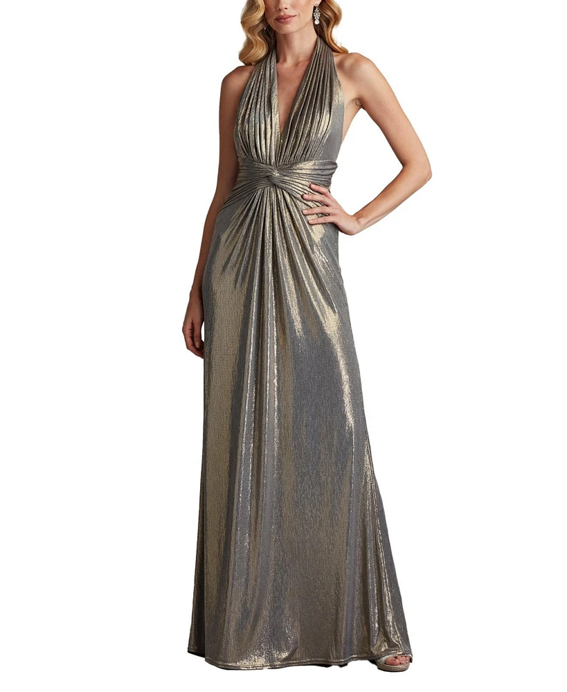 Tadashi Shoji Women's Mona Pleated Metallic Halter Gown