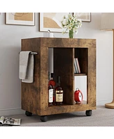 Mid-century modern style movable side cabinet for sofa, household brown trolley storage locker and shelf for living room