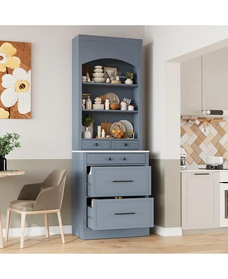83" Freestanding Kitchen Pantry with Faux Marble Top & 5 Drawers, Gray