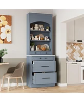 83" Freestanding Kitchen Pantry with Faux Marble Top & 5 Drawers, Gray