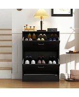 The black 2-door wooden shoe cabinet and fashionable shutter door design, sturdy and durable, efficient and stored, and enhance the aesthetics of the