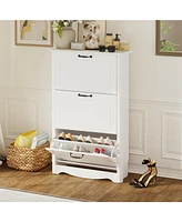 Wooden 3-door natural shoe cabinet, multi-purpose shoe rack with adjustable shelves,white