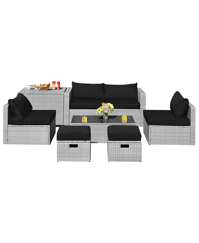 Gymax 8PCS Rattan Patio Space-Saving Furniture Set w/ Waterproof Cover & Cushions