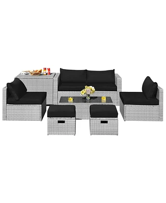 Gymax 8PCS Rattan Patio Space-Saving Furniture Set w/ Waterproof Cover & Cushions