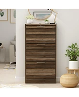 Wooden 3-door yellow shoe cabinet, shutter door drawers, multi-purpose rack with adjustable shelves