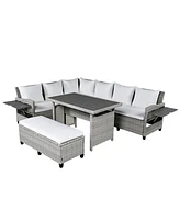 5-Piece Patio Rattan Sofa Set, L-Shape, Extendable Tables, Washable Covers, White