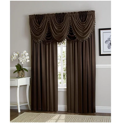 Kate Aurora 9 Piece Rod Pocket Semi Sheer Brown Window Curtains & Tasseled Valance Set