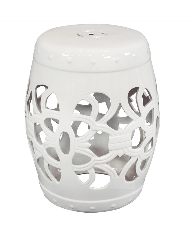 Knotted Quatrefoil Ceramic Garden Stool Side Table - Indoor or Outdoor - 18-Inch H - White Glazed Finish